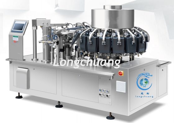 kwaliteit  High Speed 100BPM Rotary Automatic Vacuum Packaging Machine For Dried Meat Dumplings fabriek